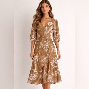 Maria Filó Botanical Floral V Neck Midi Dress